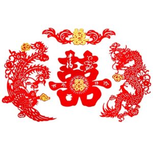 Traditional Chinese Wedding Party Decoration Dragon Phoenix Door Stickers Paper-Cut Window Bars