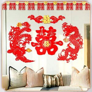 Traditional Chinese Wedding Party Decoration Dragon Phoenix Door Stickers Paper-Cut Window Bars