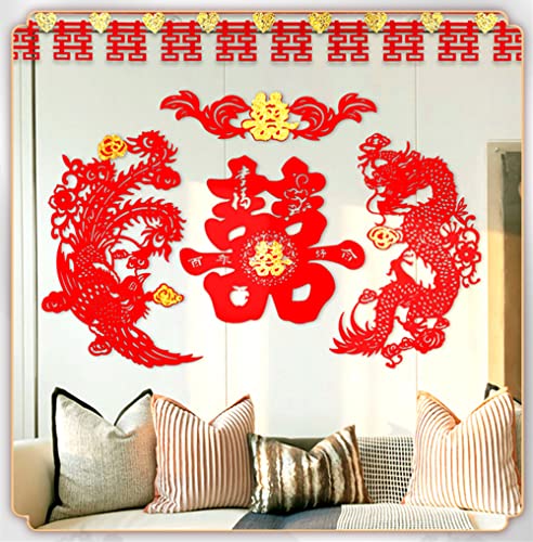 Traditional Chinese Wedding Party Decoration Dragon Phoenix Door Stickers Paper-Cut Window Bars