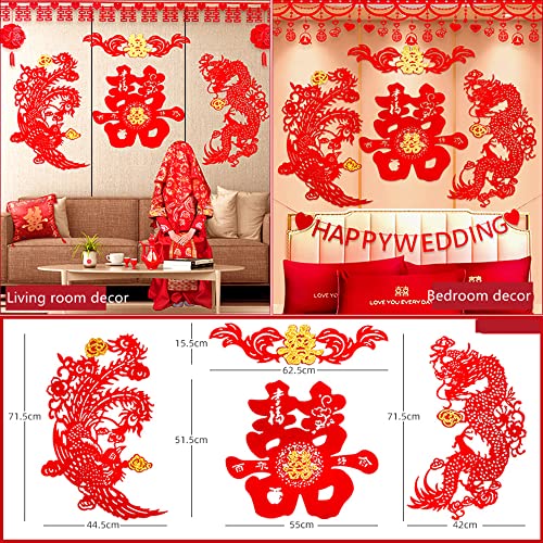 Traditional Chinese Wedding Party Decoration Dragon Phoenix Door Stickers Paper-Cut Window Bars