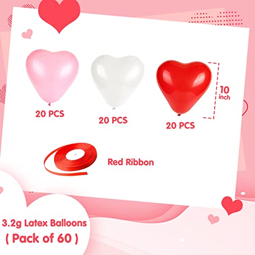 60 Pieces Love Heart Balloons Red Pink White Latex Heart Balloons for Valentines Day Wedding Anniversary Engagement Birthday Garden Company Celebration Graduation Prom Party Romantic Decoration