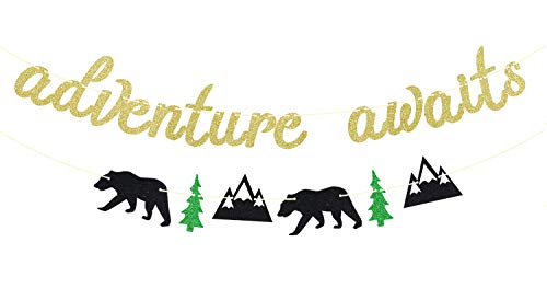 Gold Glitter Adventure Awaits Banner - Congrats Grad Bunting Sign - Graduation / Retirement / Bon Voyage / Baby Shower / Moving Party / Travel Theme Party Decorations Supplies