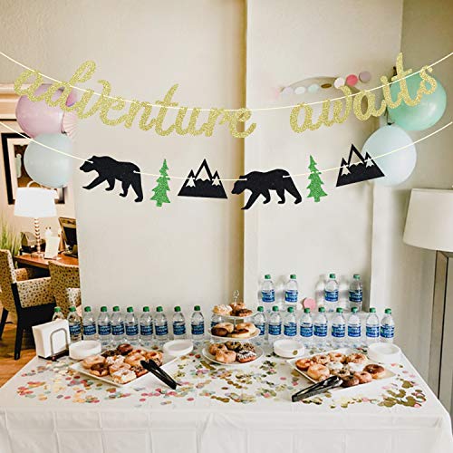 Gold Glitter Adventure Awaits Banner - Congrats Grad Bunting Sign - Graduation / Retirement / Bon Voyage / Baby Shower / Moving Party / Travel Theme Party Decorations Supplies