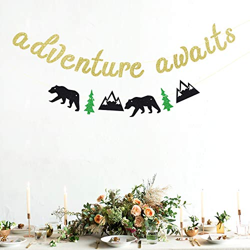 Gold Glitter Adventure Awaits Banner - Congrats Grad Bunting Sign - Graduation / Retirement / Bon Voyage / Baby Shower / Moving Party / Travel Theme Party Decorations Supplies