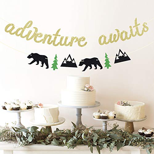 Gold Glitter Adventure Awaits Banner - Congrats Grad Bunting Sign - Graduation / Retirement / Bon Voyage / Baby Shower / Moving Party / Travel Theme Party Decorations Supplies