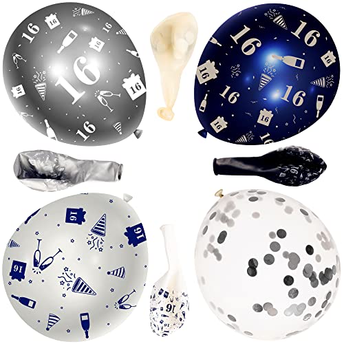 WATINC 36Pcs 16th Navy Blue and Silver Latex Balloons for Teens Boys Girl, 16 Year Old Birthday Confetti Balloon Party Decor, Anniversary Party Photography Backdrop Favor Supplies Decoration (12 Inch)
