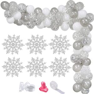 white silver snowflake balloons garland arch kit, silver snowflake confetti balloons arch winter wonderland party decorations for winter baby shower birthday baby its cold outside decorations