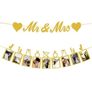 wedding decorations,mr & mrs banner and photo banner with picture card frames for wedding/engagement/anniversary party decorations(gold glitter)