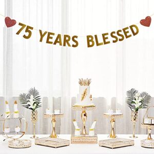 Betteryanzi Gold 75 Years Blessed Banner,Pre-strung,75th Birthday/Wedding Anniversary Party Decorations Supplies,Gold Glitter Paper Garlands Backdrops,Letters Gold 75 YEARS BLESSED