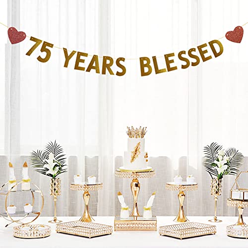 Betteryanzi Gold 75 Years Blessed Banner,Pre-strung,75th Birthday/Wedding Anniversary Party Decorations Supplies,Gold Glitter Paper Garlands Backdrops,Letters Gold 75 YEARS BLESSED