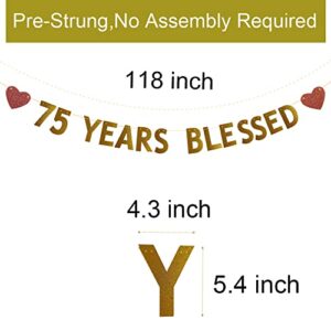 Betteryanzi Gold 75 Years Blessed Banner,Pre-strung,75th Birthday/Wedding Anniversary Party Decorations Supplies,Gold Glitter Paper Garlands Backdrops,Letters Gold 75 YEARS BLESSED