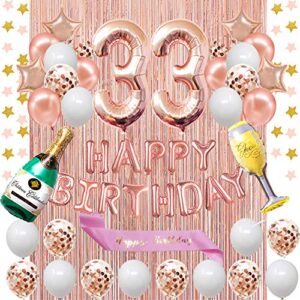 Fancypartyshop 33rd Birthday Decorations - Rose Gold Happy Birthday Banner and Sash with Number 33 Balloons Latex Confetti Balloons Ideal for Girl and Women 33 Years Old Birthday Rose Gold