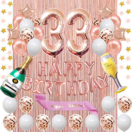 Fancypartyshop 33rd Birthday Decorations - Rose Gold Happy Birthday Banner and Sash with Number 33 Balloons Latex Confetti Balloons Ideal for Girl and Women 33 Years Old Birthday Rose Gold