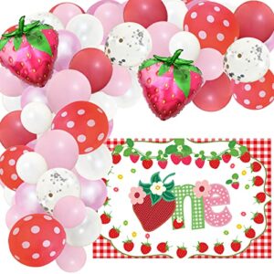 strawberry birthday party supplies.strawberry-themed balloon column pink-themed balloons strawberry-themed background cloth for children’s 1st birthday party decorations