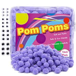 150 pieces light purple pom poms, 1 inch pom poms with self-adhesive wiggly eyes for crafts, small fuzzy balls pompom puff balls for diy art creative crafts decorations