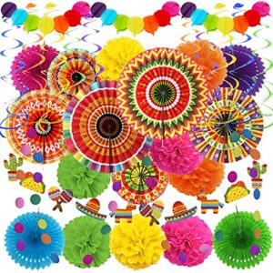 zerodeco fiesta party decorations, mexican party multicolored paper fans pom poms garlands hanging swirls for fiesta mexican cinco de mayo taco themed party decorations birthday party supplies