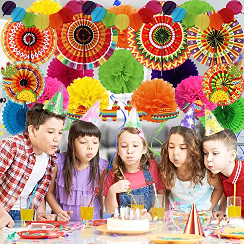 ZERODECO Fiesta Party Decorations, Mexican Party Multicolored Paper Fans Pom Poms Garlands Hanging Swirls for Fiesta Mexican Cinco De Mayo Taco Themed Party Decorations Birthday Party Supplies