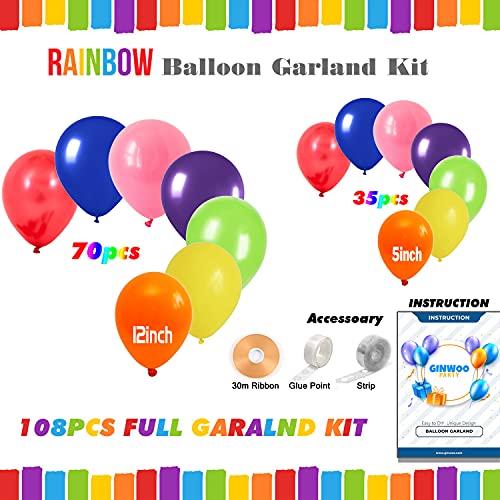 Rainbow Colorful Balloon Garland Arch Kit, 108Pcs Red Orange Yellow Green Blue Pink Purple Round Balloon for Kids Birthday Baby Shower Wedding Party Decorations