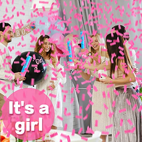 Gender Reveal Confetti Cannons - Biodegradable Gender Reveal Poppers for Birthdays, Baby Showers Confetti Shooter Party Celebration Supplies - 4 Pink Confetti