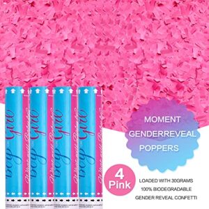 Gender Reveal Confetti Cannons - Biodegradable Gender Reveal Poppers for Birthdays, Baby Showers Confetti Shooter Party Celebration Supplies - 4 Pink Confetti