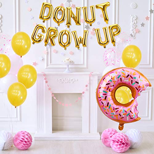 Kauayurk Donut Grow Up Balloons Banner Decorations - Donut Birthday Party Decorations Supplies - Gold Donut Theme Party Decor for Girls Boys Baby Shower