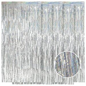 5 pack silver fringe curtain backdrop 3.2ft x 8.2ft metallic tinsel foil fringe streamers for photo booth props background birthday party decorations wedding christmas halloween decorations (silver)