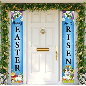 farmnall easter he is risen porch banner bunny egg rabbit party front door sign wall hanging spring lily cross decorations and supplies for home office farmhouse holiday decor