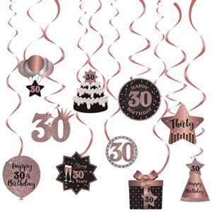 happy 30th birthday party hanging swirls streams ceiling decorations, celebration 30 foil hanging swirls with cutouts for 30 years rose gold birthday party decorations supplies