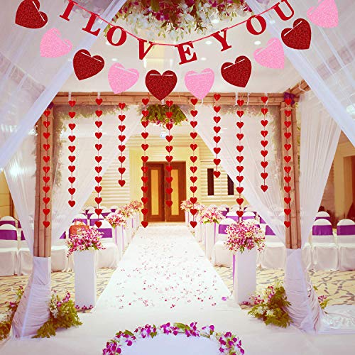 Valentine's Day Banner Decor, Red Pink Glitter Heart Garland Ribbon Hanging Decoration for Anniversary, Wedding, Birthday Party Ornaments, 28pcs with 29.5 ft Rope