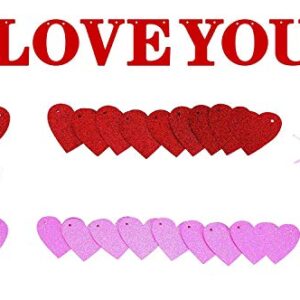 Valentine's Day Banner Decor, Red Pink Glitter Heart Garland Ribbon Hanging Decoration for Anniversary, Wedding, Birthday Party Ornaments, 28pcs with 29.5 ft Rope