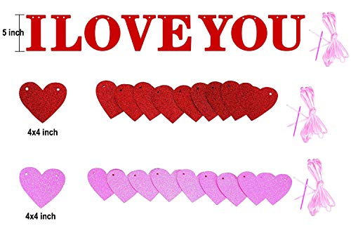 Valentine's Day Banner Decor, Red Pink Glitter Heart Garland Ribbon Hanging Decoration for Anniversary, Wedding, Birthday Party Ornaments, 28pcs with 29.5 ft Rope