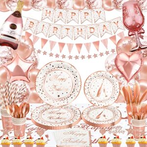 229 pack rose gold & white party supplies rose gold birthday party decorations happy birthday dinnerware set rose gold paper plates, balloons, tableclothes, banner, garland, napkin, cups serves 20