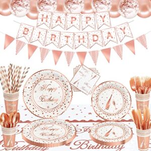 229 Pack Rose Gold & White Party Supplies Rose Gold Birthday Party Decorations Happy Birthday Dinnerware Set Rose Gold Paper Plates, Balloons, Tableclothes, Banner, Garland, Napkin, Cups Serves 20