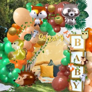 156 pc Woodland Baby Shower Decorations for Boy Kit - Includes Woodland Balloon Arch with Baby Boxes with Letters for Baby Shower, Oh Baby Banner, Animal Balloons, Woodland Creatures Cutouts, Leaf Vines, Table Signs and More - Ideal for Woodland Theme Bab