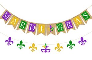 whaline mardi grads banner 2pcs glitter purple yellow green burlap banner masquerade mask paper banner pre-assembled bunting garland for masquerade party supplies home hanging decor photo props