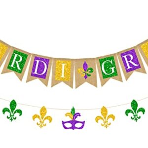Whaline Mardi Grads Banner 2Pcs Glitter Purple Yellow Green Burlap Banner Masquerade Mask Paper Banner Pre-Assembled Bunting Garland for Masquerade Party Supplies Home Hanging Decor Photo Props