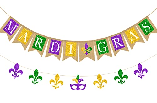 Whaline Mardi Grads Banner 2Pcs Glitter Purple Yellow Green Burlap Banner Masquerade Mask Paper Banner Pre-Assembled Bunting Garland for Masquerade Party Supplies Home Hanging Decor Photo Props