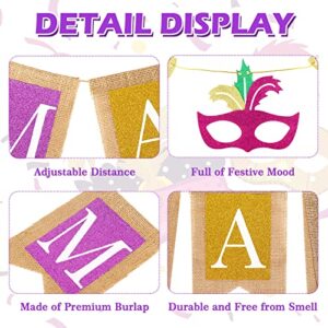 Whaline Mardi Grads Banner 2Pcs Glitter Purple Yellow Green Burlap Banner Masquerade Mask Paper Banner Pre-Assembled Bunting Garland for Masquerade Party Supplies Home Hanging Decor Photo Props