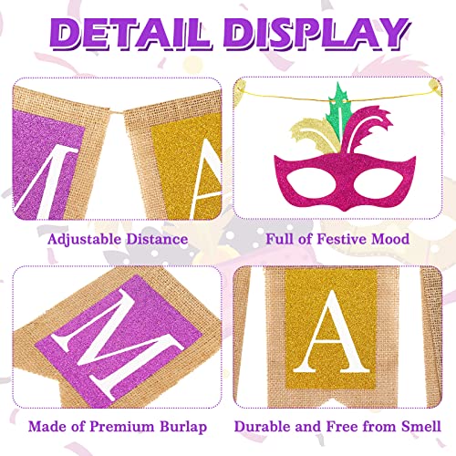 Whaline Mardi Grads Banner 2Pcs Glitter Purple Yellow Green Burlap Banner Masquerade Mask Paper Banner Pre-Assembled Bunting Garland for Masquerade Party Supplies Home Hanging Decor Photo Props