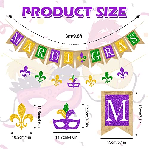 Whaline Mardi Grads Banner 2Pcs Glitter Purple Yellow Green Burlap Banner Masquerade Mask Paper Banner Pre-Assembled Bunting Garland for Masquerade Party Supplies Home Hanging Decor Photo Props