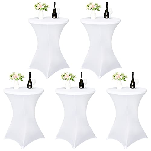 5 Pack Cocktail Spandex Stretch Square Corners Tablecloth 32 x 43 Inch, White Stretch Cocktail Table Cover Fitted High Top Tables, Cocktail Table Covers for Bar Wedding Birthday Banquet Party