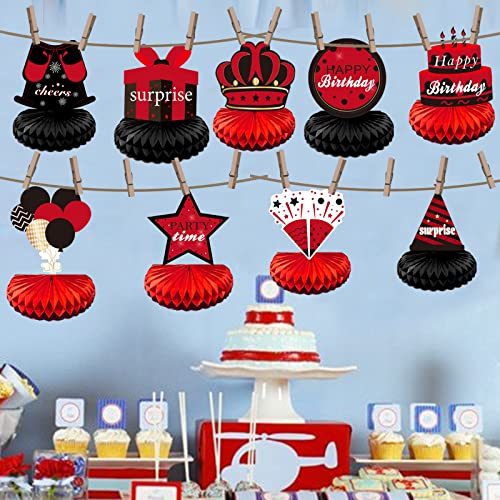 KEWEYA 9Pcs Red Black Birthday Decorations Table Honeycomb Centerpieces for Men Women Large Happy Birthday Table Topper Sign Party Supplies 16th 21st 30th 40th 50th 60th Birthday Table Décor