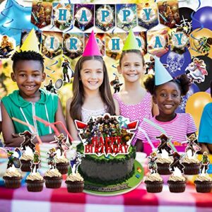 85Pcs Game Birthday Party Supplies, Party Decorations Includes Banner, Cake Topper, Background, Hanging Swirl, Balloon, Foil Balloon, Cupcake Topper Birthday Party Decorations for Boys and Girls