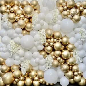 125Pcs DIY Gold White Balloons Garland Kits with 18/12/10/5Inch Metallic Chrome Balloons for Birthday Party Celebration Graduation Wedding Baby Shower Ceremony Anniversary Balloon Chain (Gold White)