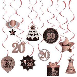 happy 20th birthday party hanging swirls streams ceiling decorations, celebration 20 foil hanging swirls with cutouts for 20 years old rose gold birthday party decorations supplies