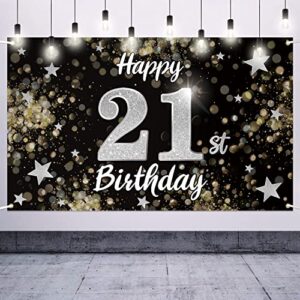nelbiirth happy 21st birthday black & silver star large banner – cheers to 21 years old birthday home wall photoprop backdrop, 21st birthday party decoration.