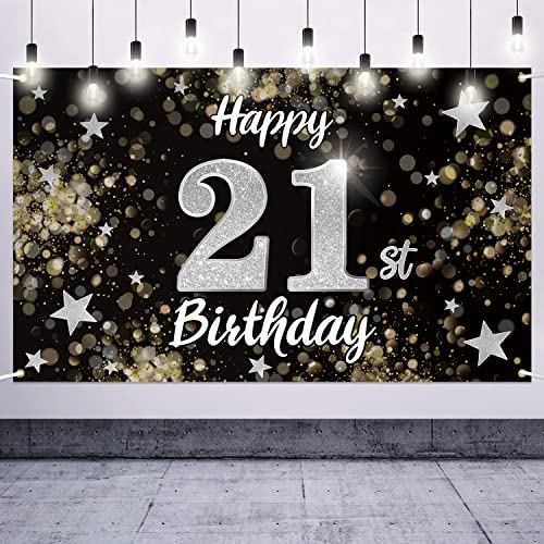 Nelbiirth Happy 21st Birthday Black & Silver Star Large Banner - Cheers to 21 Years Old Birthday Home Wall Photoprop Backdrop, 21st Birthday Party Decoration.