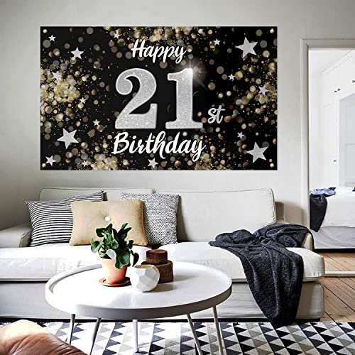 Nelbiirth Happy 21st Birthday Black & Silver Star Large Banner - Cheers to 21 Years Old Birthday Home Wall Photoprop Backdrop, 21st Birthday Party Decoration.