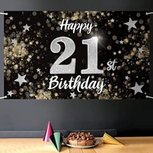 Nelbiirth Happy 21st Birthday Black & Silver Star Large Banner - Cheers to 21 Years Old Birthday Home Wall Photoprop Backdrop, 21st Birthday Party Decoration.