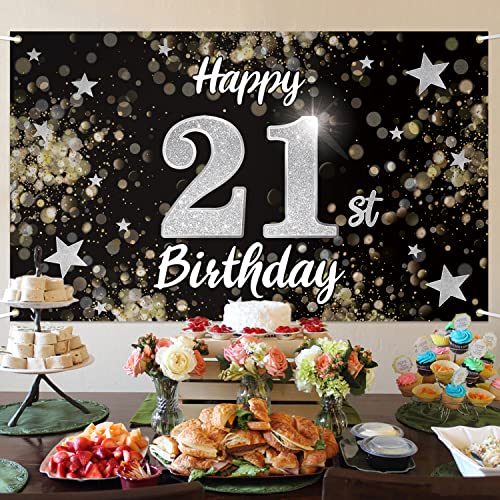 Nelbiirth Happy 21st Birthday Black & Silver Star Large Banner - Cheers to 21 Years Old Birthday Home Wall Photoprop Backdrop, 21st Birthday Party Decoration.